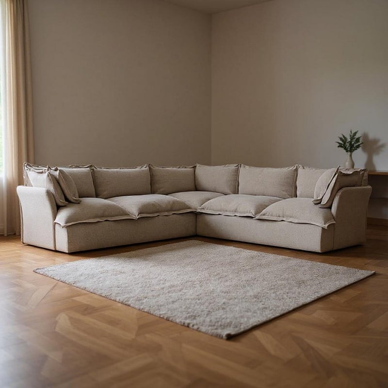 Malazhouse Beech Wood and Linen L-Shape Sofa - Beige - Image 2